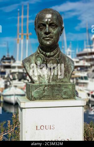Monte Carlo, Monaco - June 13, 2019 : Statue to Louis Chiron in the harbour of Monaco. Louis Chiron was a famous Grand Prix driver. Stock Photo