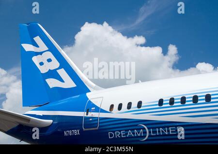 SINGAPORE - FEBRUARY 12: Rear detail of Boeing 787 Dreamliner at Singapore Airshow in Singapore on February 12, 2012. Stock Photo