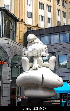 Brussels, BELGIUM - July 7, 2019: MOOF MUSEUM, Smurf characters, at the Belgian Comic Strip Center in Brussels Stock Photo