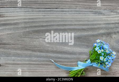 Small bouquet of blue forget-me-not flowers, tied a blue ribbon, on the gray background of old wooden plank, with copy-space Stock Photo
