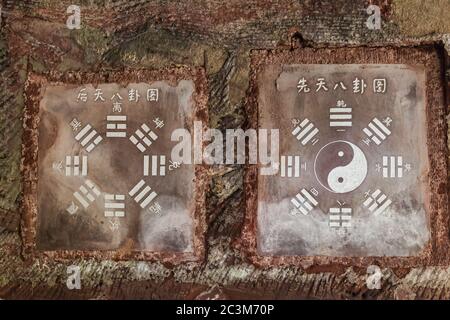 The Primordial 'Earlier Heaven' or 'Fu Xi' Bagua and the Manifested  'Later Heaven'or 'King Wen' Bagua symbols engraved on stone Stock Photo