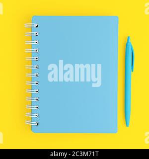Closed blue notebook and pen on yellow background. Top view, mockup. Stock Photo