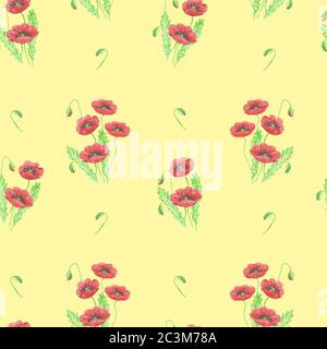 seamless pattern of drawn red poppies with buds on a yellow background Stock Vector