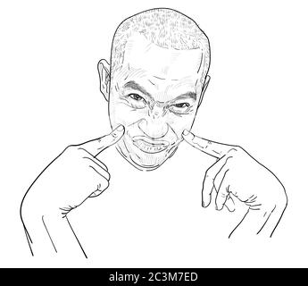 Drawing funny portrait of a man, farcical expressions of Asian guy poitning finger to his face. Vector illustration. Stock Vector
