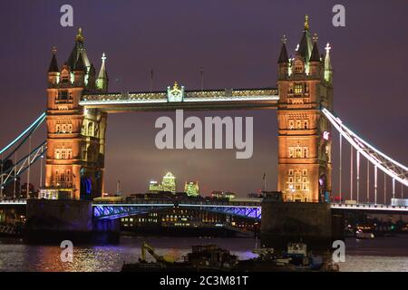 LONDON - NOVEMBER 14, 2016: Tower bridge at night, view from the River Thames Stock Photo