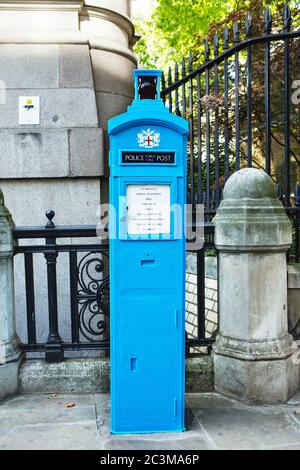 London, United Kingdom - August 25, 2017: Old blue police public call post in London Stock Photo