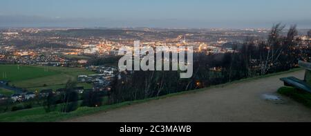 View of the town of Huddersfield, West Yorkshire, from Castle Hill at dawn Stock Photo