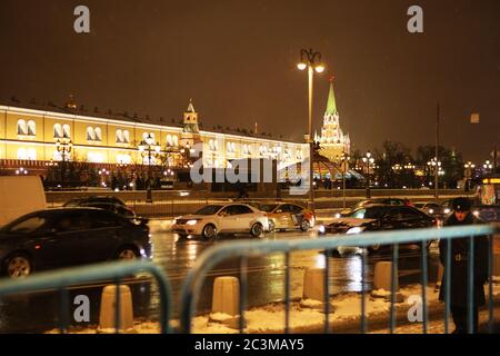 MOSCOW - JANUARY 05, 2017: Kremlin at night. Busy traffic on the streets of Moscow evening. Stock Photo