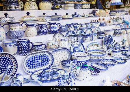 Close up of Christmas market stall in Vienna, Austria. Beautiful painted dishes and Christmas decorations Stock Photo