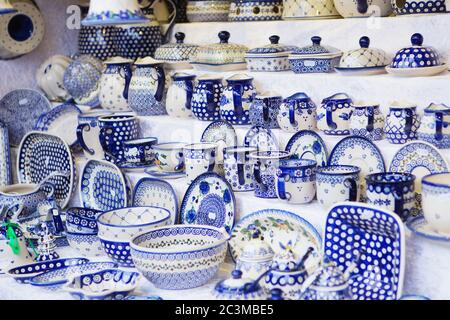 Close up of Christmas market stall in Vienna, Austria. Beautiful painted dishes and Christmas decorations Stock Photo