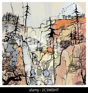 Imaginative chinese landscape with trees and mountains - vector illustration (Ideal for printing on fabric or paper, poster or wallpaper, house decora Stock Vector