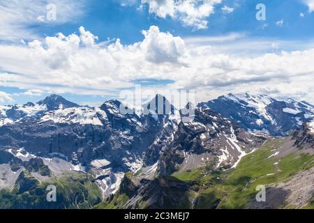 Stunning view of Bernese Alps including Breithorn, Gspalthorn, Tschingelhorn, form top of Schilthorn, Canton of Bern, Switzerland. Stock Photo
