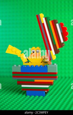 Kiev, Ukraine - April 19, 2019: Chicken hatched from an egg made from Lego constructor. Happy Easter. Easter diy for kids Stock Photo