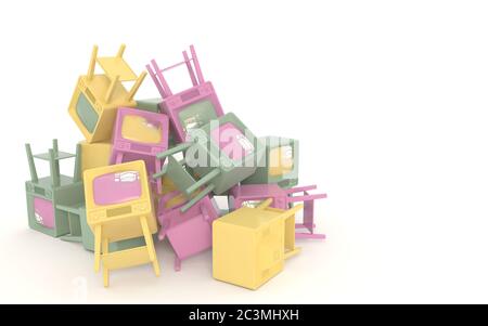 Dump of old retro televisions in cartoon style isolated on white background. Pastel colors. Copy space. 3D illustration. Stock Photo