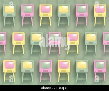 Seamless texture with old retro tv in pastel colors on a light green background. 3D illustration. Stock Photo