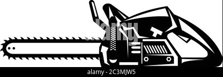 Retro black and white style illustration of a chainsaw viewed from side on isolated background. Stock Vector