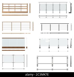 Set of railing fences. Front view, top view, side view. Isolated on white background. Stock Photo