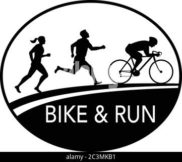 Retro style illustration of a silhouette of a bike and run marathon runner running, cycling, biking riding on bicycle viewed from side set in oval don Stock Vector