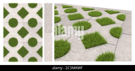 Seamless texture of sidewalk tile with holes for grass. Isolated landscape tiles on a white background. 3D visualization of paving slabs. Stock Photo