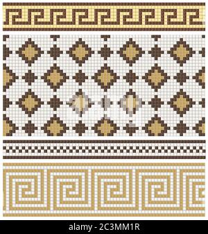 Seamless mosaic friezes and decors in brown and beige colors. Set of seamless textures. Stock Photo