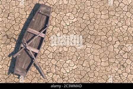 Old wooden boat on dry cracked soil. Dry river due to global warming. Climate change on Earth. Creative conceptual illustration with copy space. 3D re Stock Photo