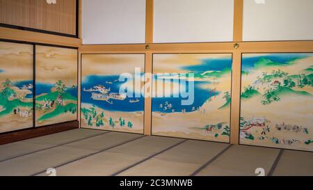 Nagoya / Japan - February 10, 2018: Paintings on the walls and sliding doors in the Hommaru Palace of the Nagoya Castle Stock Photo