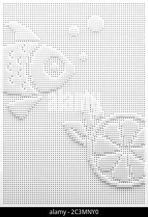 Decorative panel with perforation. White monochrome panel in the hole with the image of fish and a piece of lime. 3D render. Stock Photo