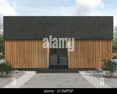 Modern building of a rectangular shape with flat roof. Facade with a ...
