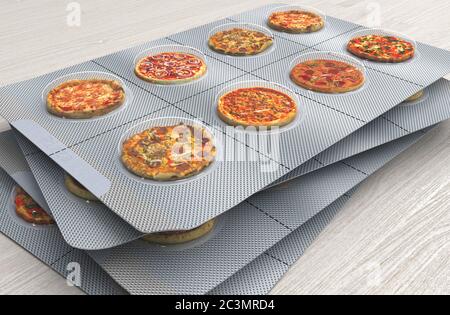 Small pizza in a blister instead of pills. Fast food in serving size. Creative concept. 3D render illustration. Stock Photo