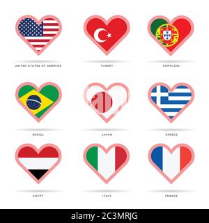 world flag in heart set illustration Stock Vector