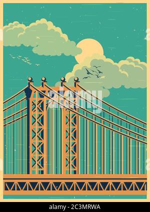 Stylized vector illustration of a large cable-stayed bridge old poster Stock Vector