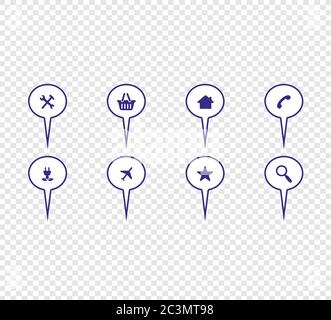 Big collection of card pins on transparent background. Stock Vector