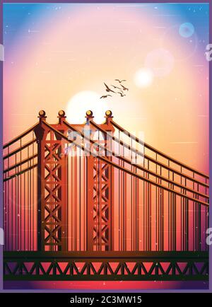 Stylized vector illustration of a large cable-stayed bridge in the sun Stock Vector