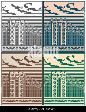 Stylized vector illustration of a large cable-stayed bridge Stock Vector