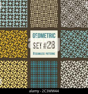 Set of eight geometric patterns. Collection of different abstract patterns, number 28. Simple retro colors  colors - easy to recolor. Seamless vector Stock Vector