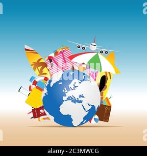 travel summer illustration with big globe and beach stuff Stock Vector