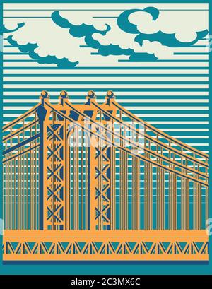 Stylized vector illustration of a large cable-stayed bridge Stock Vector