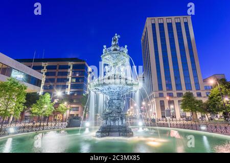 Montgomery, Alabama, USA fountain and downtown cityscape at twilight. Stock Photo