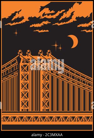 stylized vector illustration of a large cable-stayed bridge at night Stock Vector