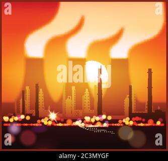 Stylized vector illustration of an industrial landscape at sunset. Seamless horizontally if needed Stock Vector