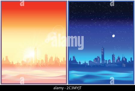 Two stylized vector illustration of a city in the desert in the evening and at night. Illustration seamless horizontally if needed Stock Vector