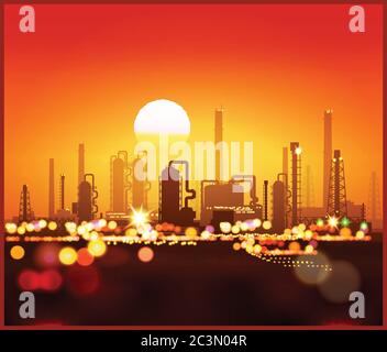 Stylized vector illustration of an industrial landscape at sunset. Seamless horizontally if needed Stock Vector