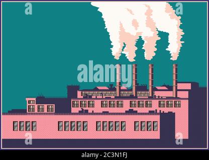 Stylized vector illustration of a factory in retro style Stock Vector