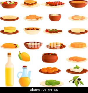 Greece food icons set. Cartoon set of Greece food vector icons for web design Stock Vector