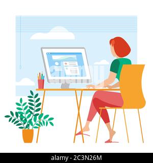Young woman is working outsourced. Stock Vector