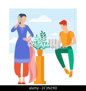 Young man and woman is working outsourced. Stock Vector