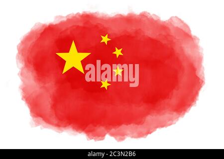 Red watercolor splash with yellow stars from the flag of China isolated on white background. Computer generated watercolor image. Stock Photo