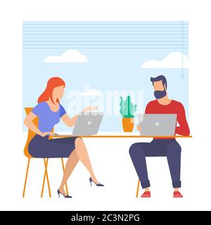 Young man and woman is working outsourced. Stock Vector