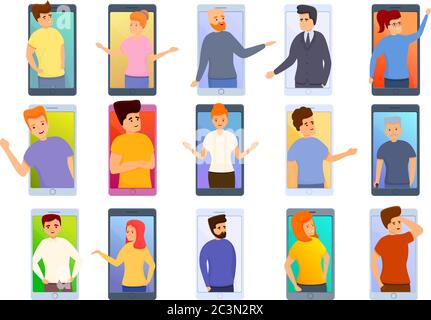 Video call icons set. Cartoon set of video call vector icons for web design Stock Vector