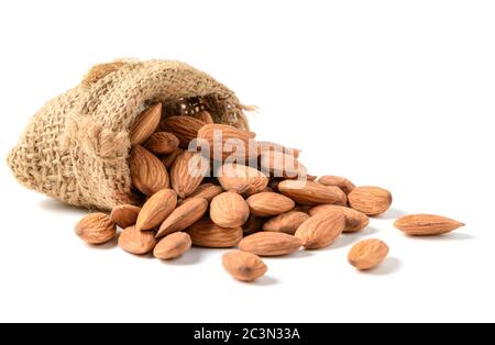 almonds nuts with sack isolated on white background, Almonds are very popular nuts and high protein . healthy food. Stock Photo